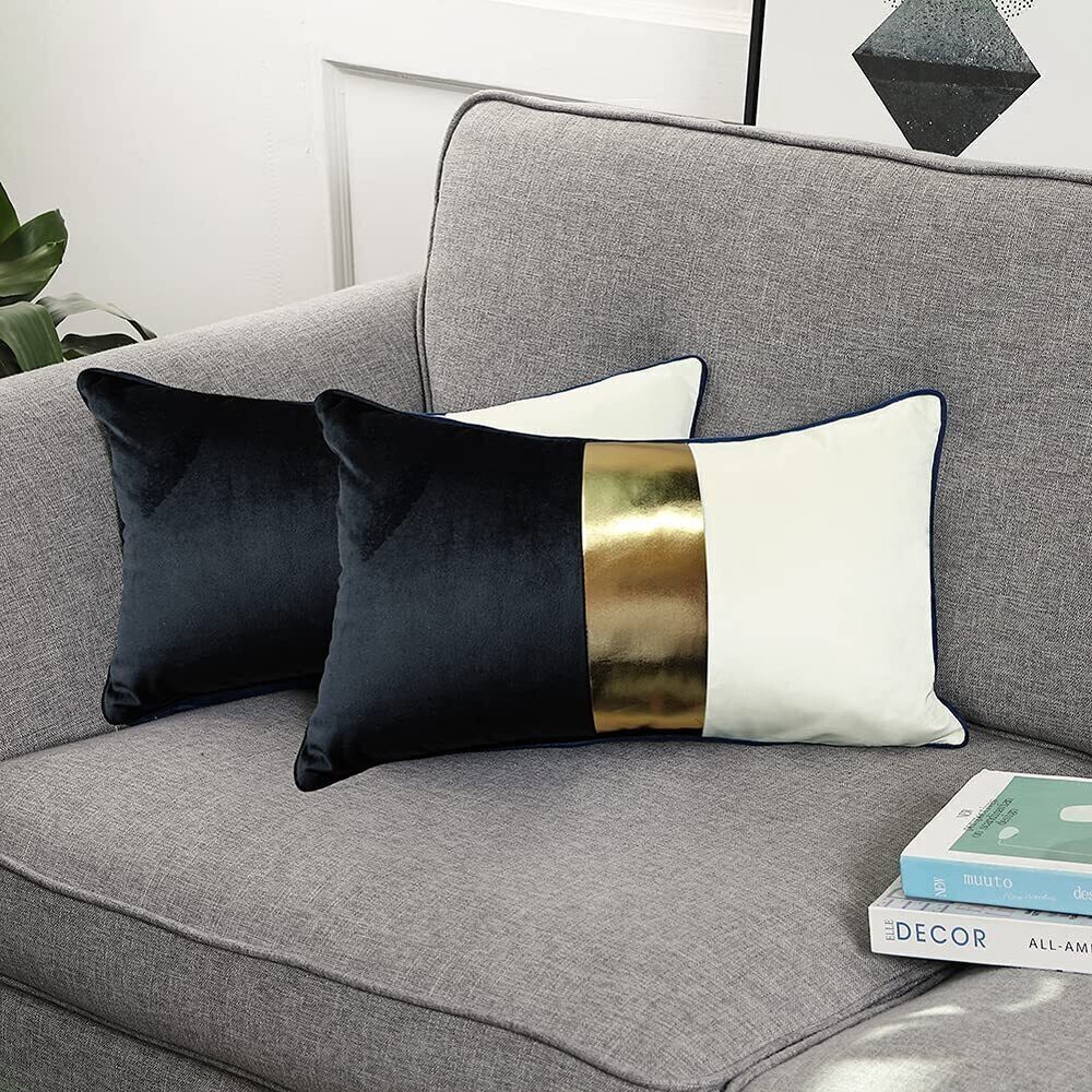 3105 Black Beige Gold Leather Patchwork Velvet Throw Pillow Cover 12x20 Set